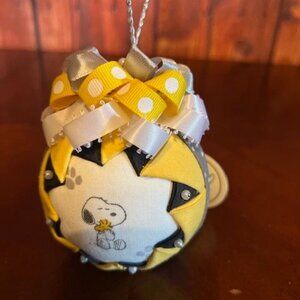 Snoopy Fabric Quilted Ornament With Yellow & Gray Ribbon Bows christmas ornament